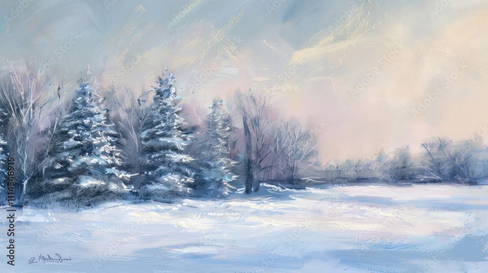 Peaceful winter morning with a soft pastel sky over snow-covered trees, enhancing the calm Peaceful winter morning with a soft pastel sky over snow-covered trees, enhancing the calm