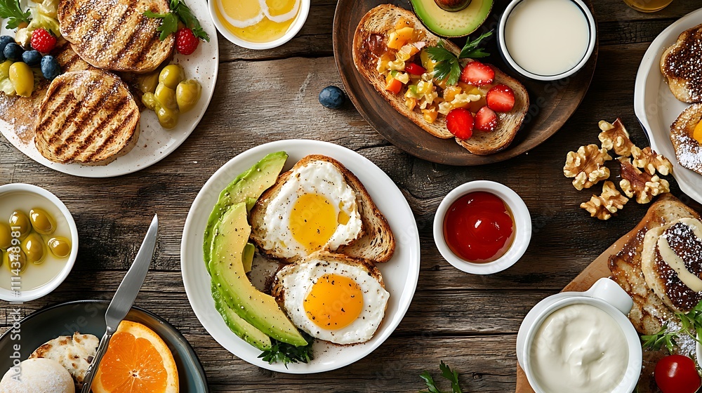 A healthy breakfast spread featuring whole-grain toast with avocado and a sprinkle of heart-healthy olive oil on top A healthy breakfast spread featuring whole-grain toast with avocado and a sprinkle of heart-healthy olive oil on top