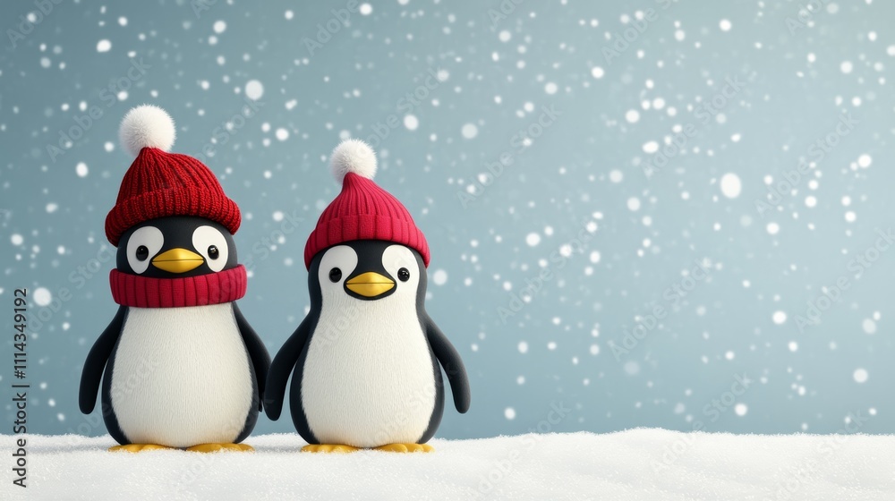 Adorable penguins in winter hats embrace the snowy day, a charming wildlife scene Adorable penguins in winter hats embrace the snowy day, a charming wildlife scene