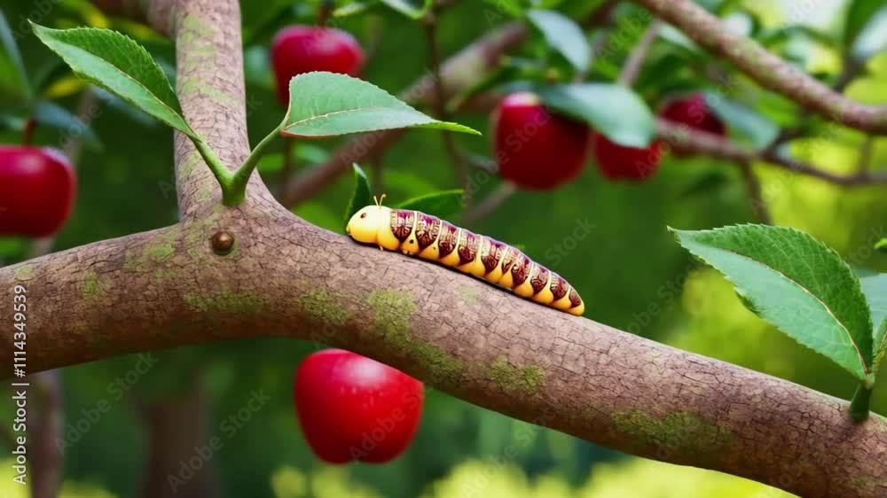 Cute and adorable animation of caterpillar on apple tree branch, smooth looping video with 4K animation