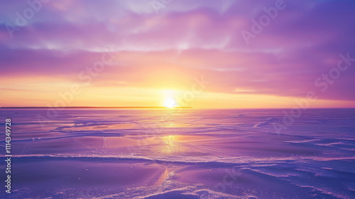 Peaceful winter sunset over frozen fields, with shades of purple and gold in the sky