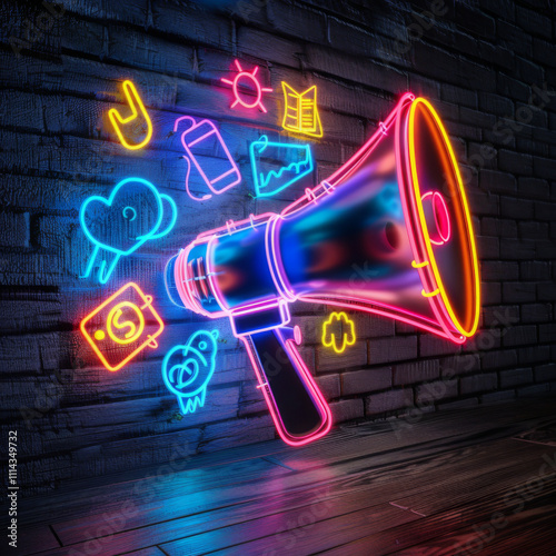 Vibrant neon megaphone with various marketing buzzwords, social media Concept Marketing Trends