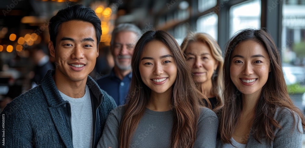 Group of people are smiling for the camera. The man is wearing a black jacket and the woman is wearing a gray sweater Group of people are smiling for the camera. The man is wearing a black jacket and the woman is wearing a gray sweater