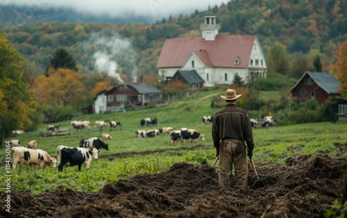 A lone farmer, back to camera, spreads manure across his verdant field, a picturesque farmstead nestled in the autumnal hills behind him. photo