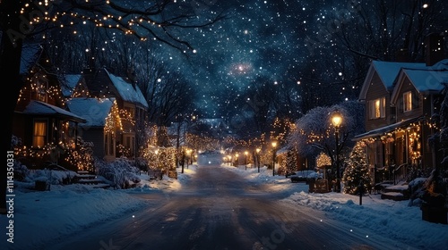 Picturesque Winter Wonderland Street with Twinkling Christmas Lights and Starry Night Sky