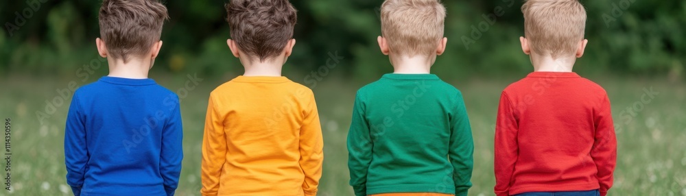 A Group of Young Children Wearing Colorful Shirts Standing Together in a Row, Showcasing Vibrant Colors Against a Natural Background in a Playful Setting