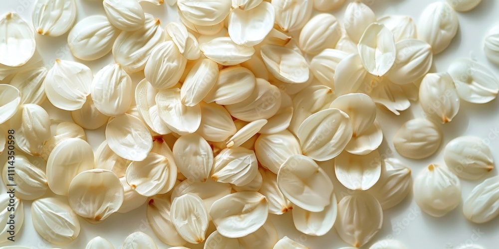 A close-up shot of a pile of white flowers