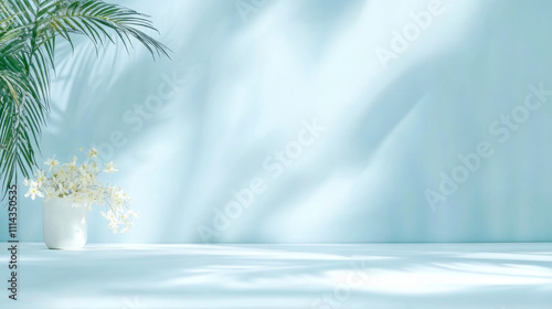 Blurred shadow from palm leaves on the light blue wall.