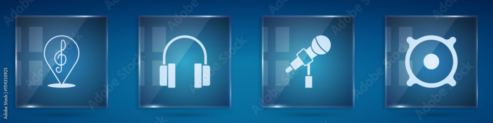 Set Treble clef, Headphones, Microphone and Stereo speaker. Square glass panels. Vector Set Treble clef, Headphones, Microphone and Stereo speaker. Square glass panels. Vector