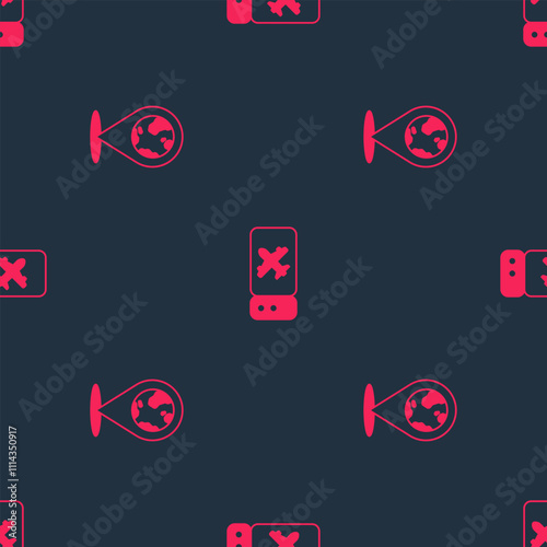 Set Location on the globe and Airline ticket on seamless pattern. Vector