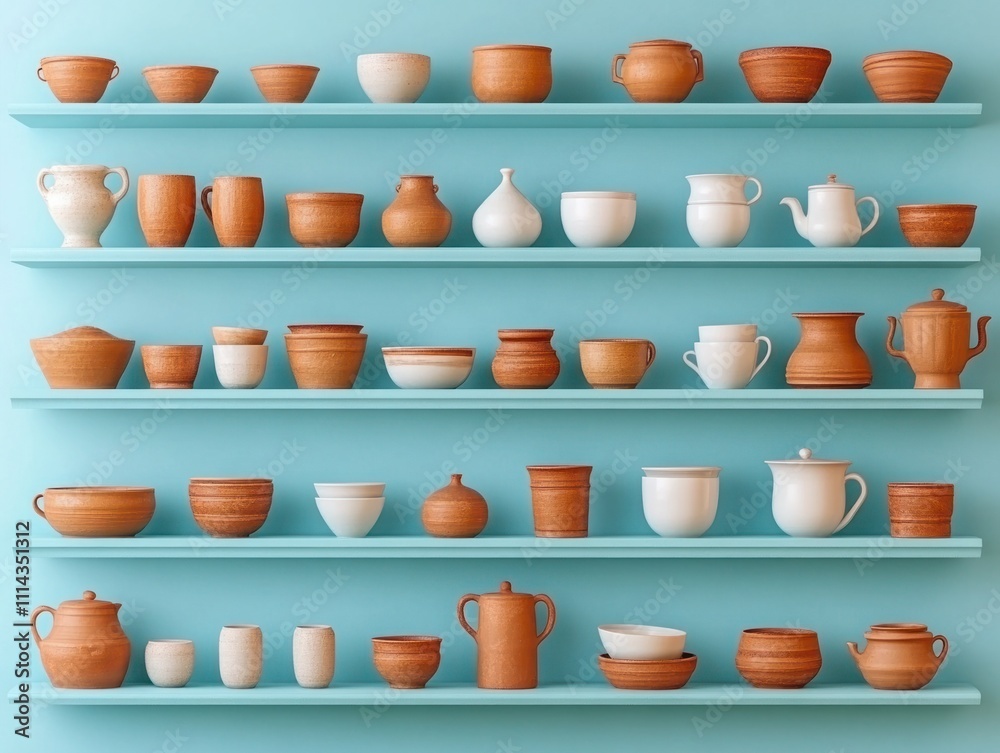 Aesthetic Display of Artisan Pottery on Shelves Against a Vibrant Aqua Wall Featuring Various Unique Shapes, Sizes, and Textures in Warm and Cool Tones Aesthetic Display of Artisan Pottery on Shelves Against a Vibrant Aqua Wall Featuring Various Unique Shapes, Sizes, and Textures in Warm and Cool Tones