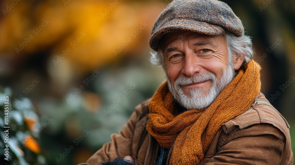Man with a gray beard and a brown hat and scarf is smiling. He is wearing a brown jacket and scarf Man with a gray beard and a brown hat and scarf is smiling. He is wearing a brown jacket and scarf