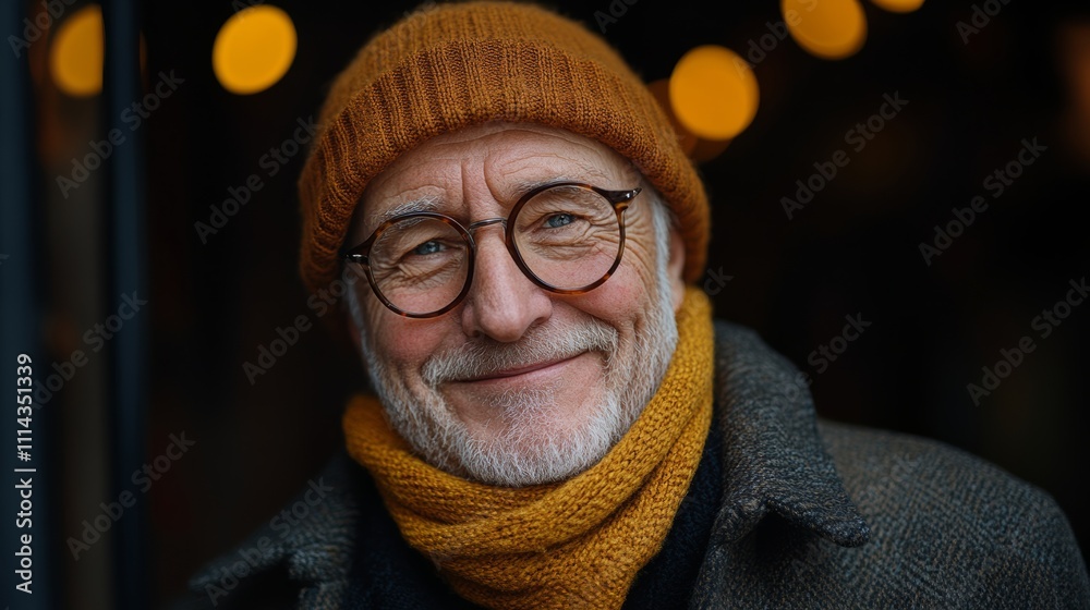 Man wearing glasses and a yellow hat is smiling. He is wearing a scarf and a coat