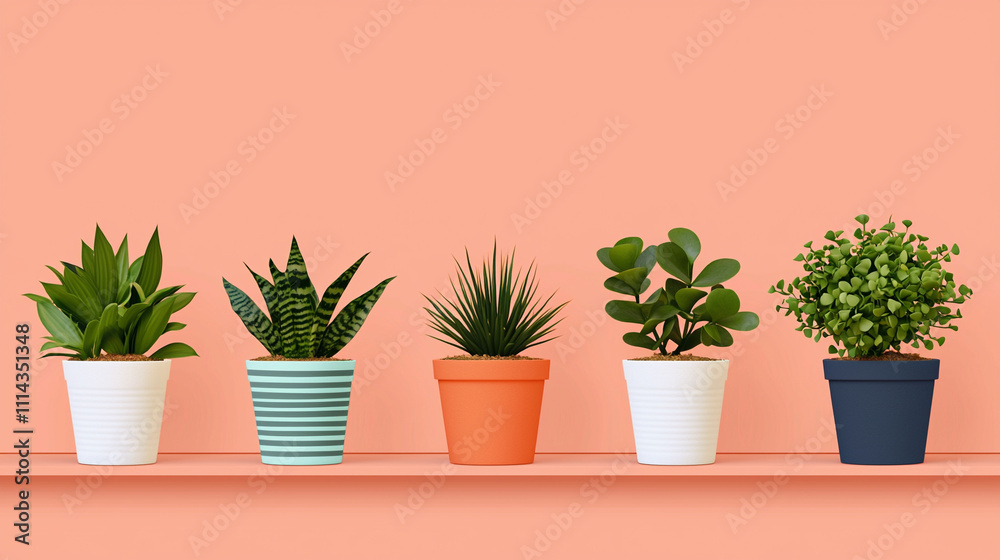 Fototapeta premium Five vibrant potted plants on a shelf against a peach wall creating a harmonious and fresh indoor aesthetic.
