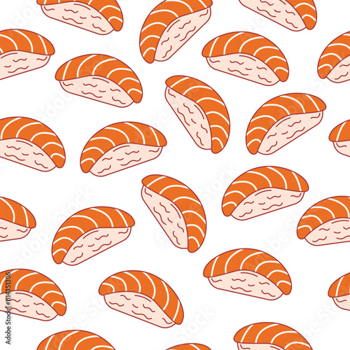 Nigiri sushi seamless pattern with rice ball and raw fish. Japanese food motif wallpaper. Vector illustration