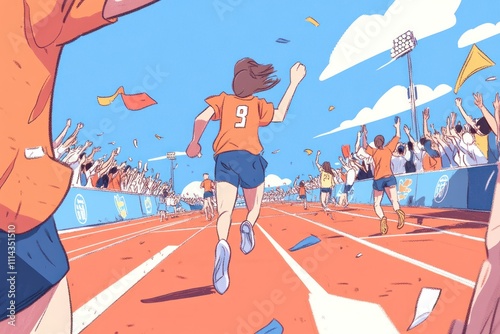 Girl Winning Track Race Celebrated By Excited Crowd photo