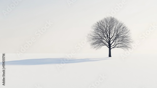 Serene winter landscape, a lone tree in snowy expanse. discover the beauty of nature in its purest form.