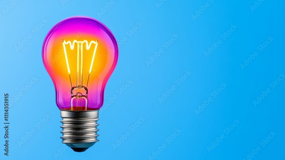Light bulb is lit up and is glowing in a blue sky. The light bulb is purple and orange Light bulb is lit up and is glowing in a blue sky. The light bulb is purple and orange