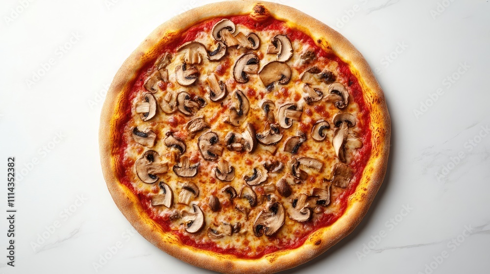 Top view of a delicious pizza with mushrooms, highlighting the savory toppings and vibrant colors. Perfect pizza photo with ample copy space for your creative needs. Top view of a delicious pizza with mushrooms, highlighting the savory toppings and vibrant colors. Perfect pizza photo with ample copy space for your creative needs.