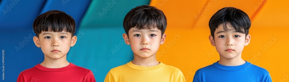 Group of Young Boys with Serious Expressions Wearing Colorful T-Shirts Against a Bright Geometric Background in Blue, Yellow, and Orange Tones Group of Young Boys with Serious Expressions Wearing Colorful T-Shirts Against a Bright Geometric Background in Blue, Yellow, and Orange Tones