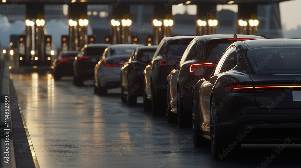 Long Line of Cars at Toll Booth with Drivers Waiting Long Line of Cars at Toll Booth with Drivers Waiting