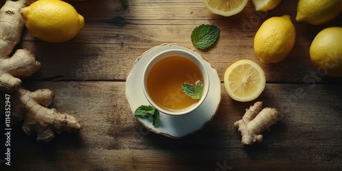 In a white cup rests lemon and ginger tea, accompanied by a mint leaf, all set on a rustic wooden table near fresh lemon and ginger ingredients. photo