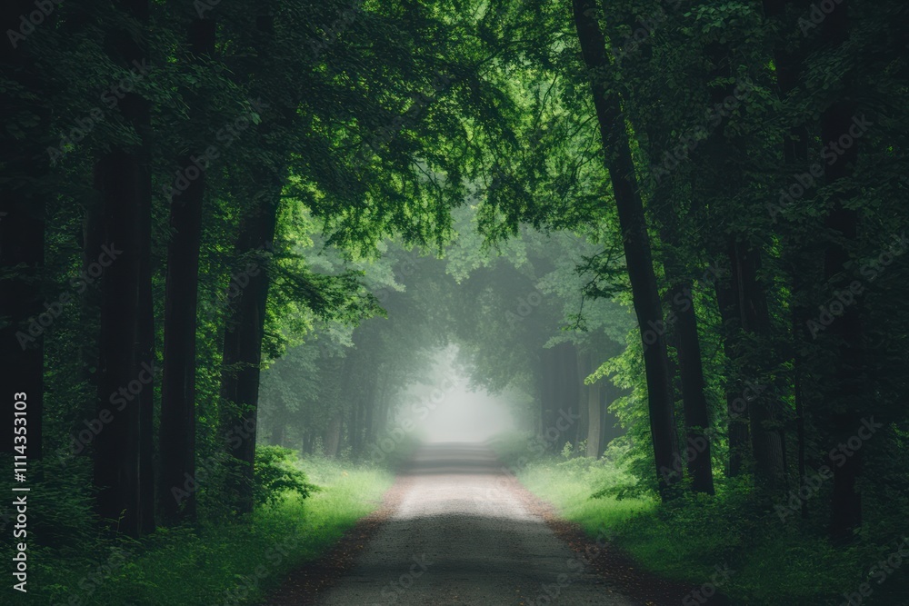 Fototapeta premium Misty Forest Path Winding Through Lush Green Trees