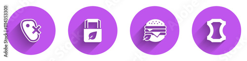 Set No meat, Shopping bag with recycle, Vegan food diet and Leather icon with long shadow. Vector