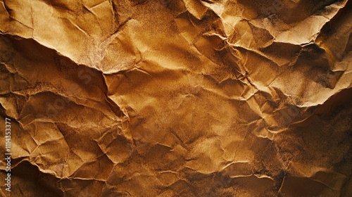 Crumpled brown paper sheet texture creates a unique background, perfect for graphic prints. This crumpled brown paper texture adds depth and character to various designs, with ample copy space.