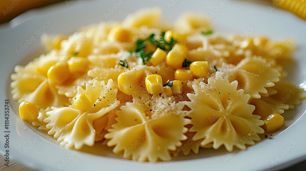 Delicious pasta bowtie served with corn on a pristine white plate, offering an appealing and vibrant presentation of delicious pasta bowtie perfect for culinary inspiration. Delicious pasta bowtie served with corn on a pristine white plate, offering an appealing and vibrant presentation of delicious pasta bowtie perfect for culinary inspiration.