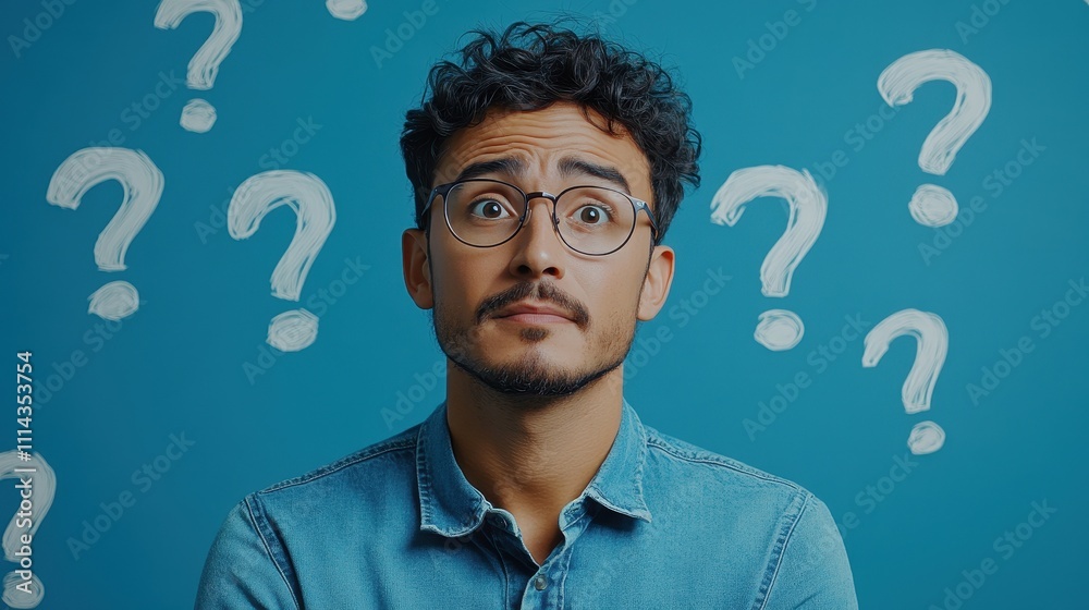 Portrait of a thoughtful man with glasses wearing a denim shirt, surrounded by illustrated question marks on a blue background, representing curiosity or confusion Portrait of a thoughtful man with glasses wearing a denim shirt, surrounded by illustrated question marks on a blue background, representing curiosity or confusion