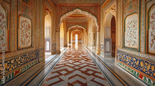 Badal Mahals long corridor highlights intricate architecture, portraying a stunning work of art. This corridor captures the essence of the historic palace with ample photo style copy space. photo