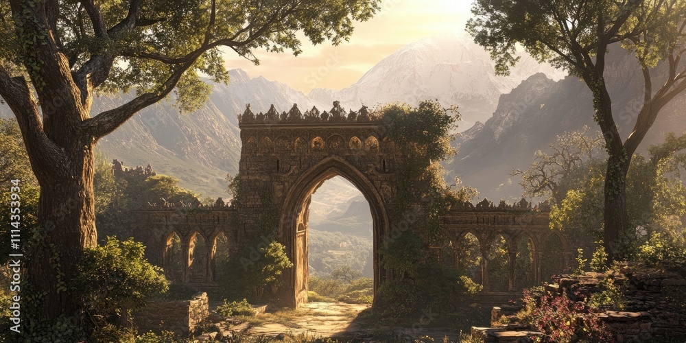 Naklejka premium A vertical image showcases a gate that opens into a medieval fortress, featuring intricately carved arches, encased by sturdy stone walls, trees, and far off mountains under a bright sun.