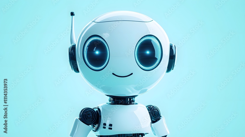 Small White Robot with Winking Face and Bright Eyes Pointing Upward, Solid Soft Blue Background for Cute AI Visuals Small White Robot with Winking Face and Bright Eyes Pointing Upward, Solid Soft Blue Background for Cute AI Visuals