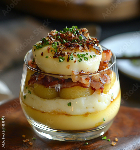 A magnificent transparent glass filled with the hearty layers of a delightful Tartiflette-inspired verrine.