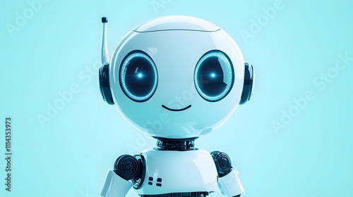 Small White Robot with Winking Face and Bright Eyes Pointing Upward, Solid Soft Blue Background for Cute AI Visuals