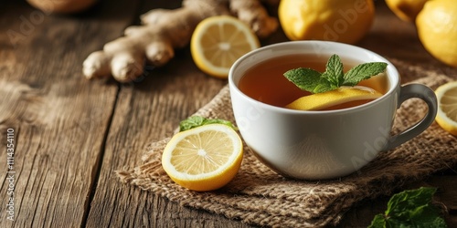 In a white cup rests lemon and ginger tea, accompanied by a mint leaf, all set on a rustic wooden table near fresh lemon and ginger ingredients.