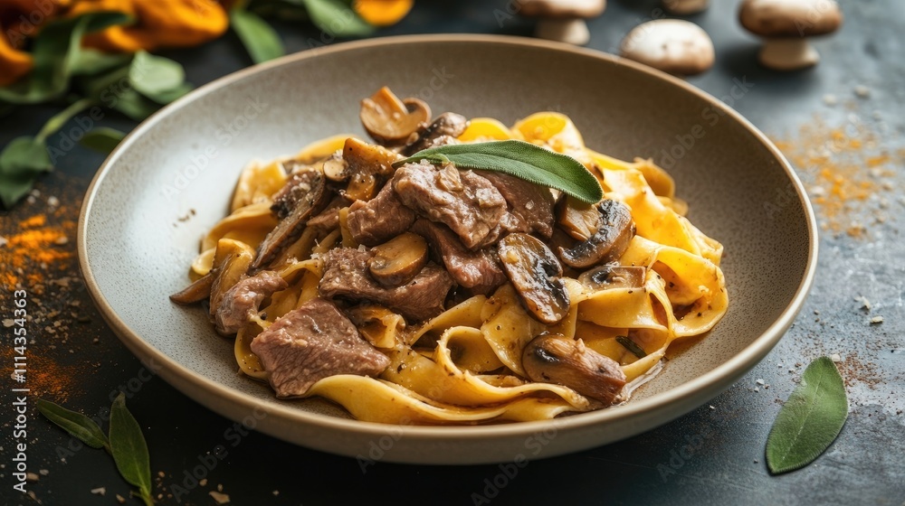 Beef cuts from the Charolaise breed complemented by tagliatelle, mushrooms, and sage create a mouthwatering culinary scene, with ample space for text or design elements. Beef cuts from the Charolaise breed complemented by tagliatelle, mushrooms, and sage create a mouthwatering culinary scene, with ample space for text or design elements.