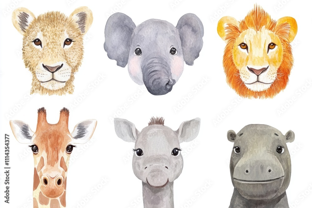 Fototapeta premium Four colorful animal heads depicted in watercolor style