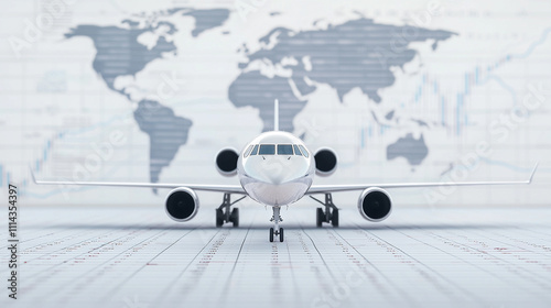 Front view of an airplane on a runway with a world map background, symbolizing global travel and connectivity.