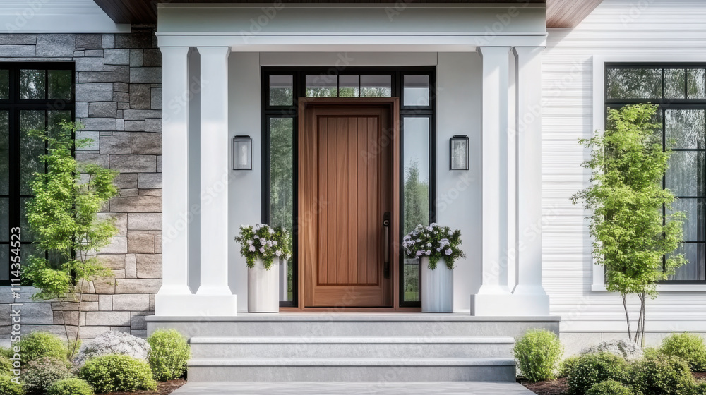 A wooden front door, surrounded by windows, with white, blue, and stone siding A wooden front door, surrounded by windows, with white, blue, and stone siding