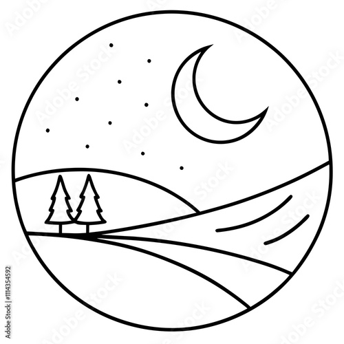 Moonlit Serenity A Crescent Over a Tranquil Landscape line art vector