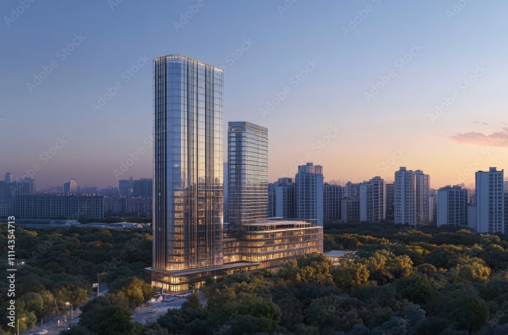 Obraz premium Aerial view of a city at night showcasing a solitary apartment building and office towers with illuminated facades, highlighting the vibrant real estate and commercial districts of the urban skyline.