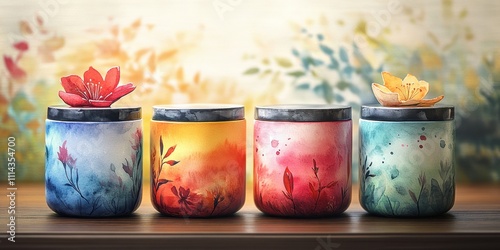 Vibrant hand-painted jars adorned with delicate flowers create an enchanting display of nature\'s beauty and artistry photo