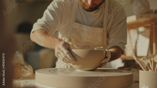 Ceramic Artisan Shaping Handmade Bowl on Potter Wheel photo