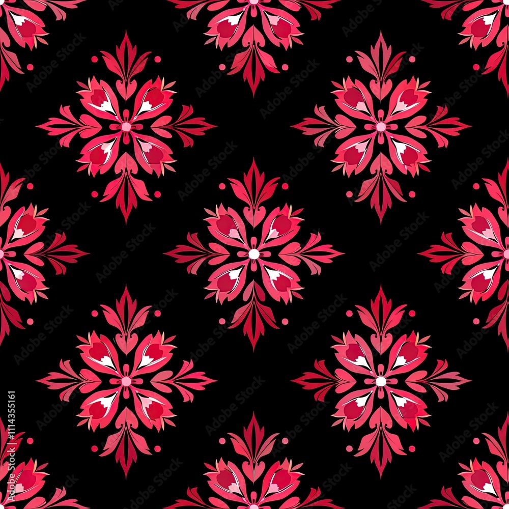 Red floral pattern on black background seamless design