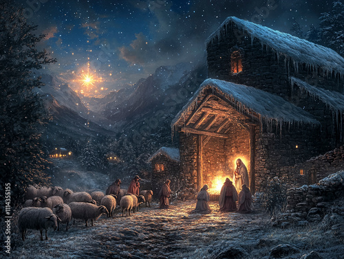 Shepherds Kneeling Before the Holy Mary and Joseph Family Under a Glowing Star photo