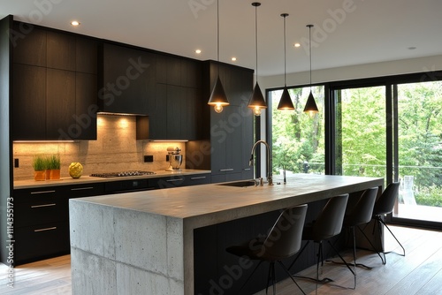 Modern kitchen design with sleek black cabinetry and concrete island near large windows