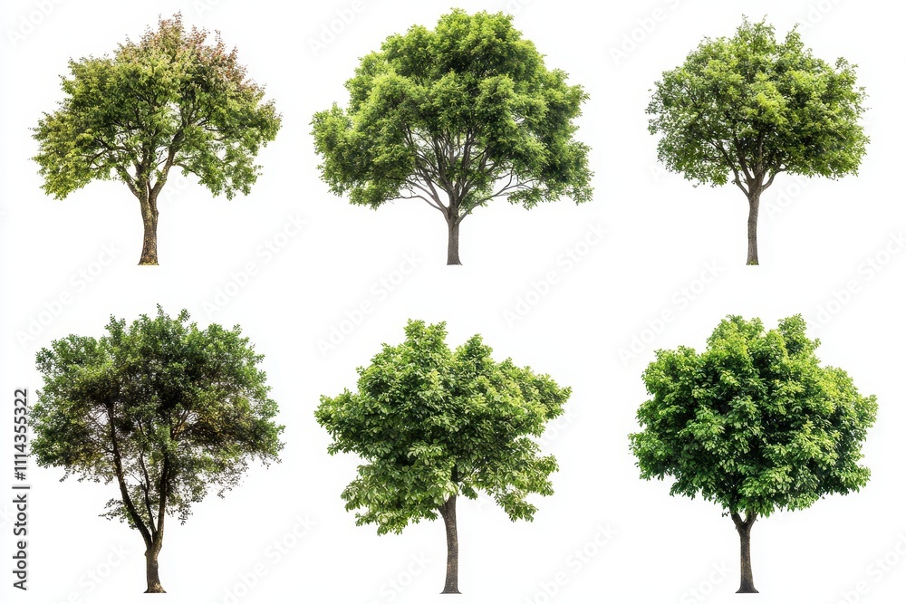 A collection of ten trees isolated on a white background