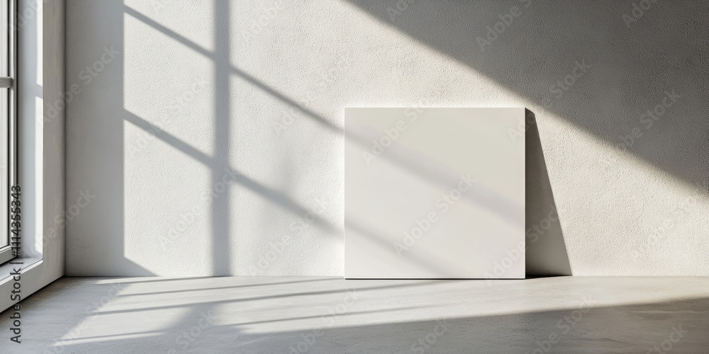 A light grey minimalist canvas poster, framed in white, rests on a concrete floor beneath an empty wall, with a view of the window nearby. A light grey minimalist canvas poster, framed in white, rests on a concrete floor beneath an empty wall, with a view of the window nearby.